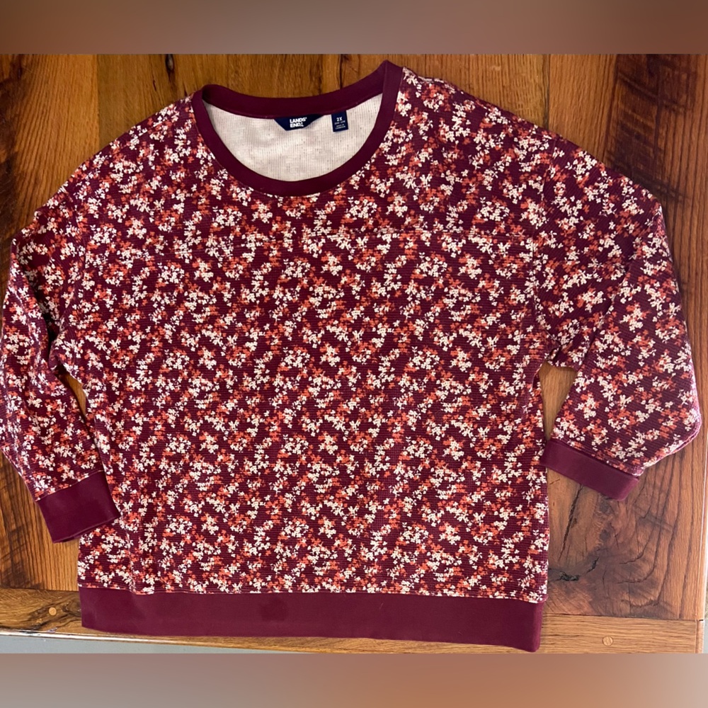 Lands’ End Cotton Thermal Waffle Knit Top, Floral Print, Burgundy Trim, Sz 2X